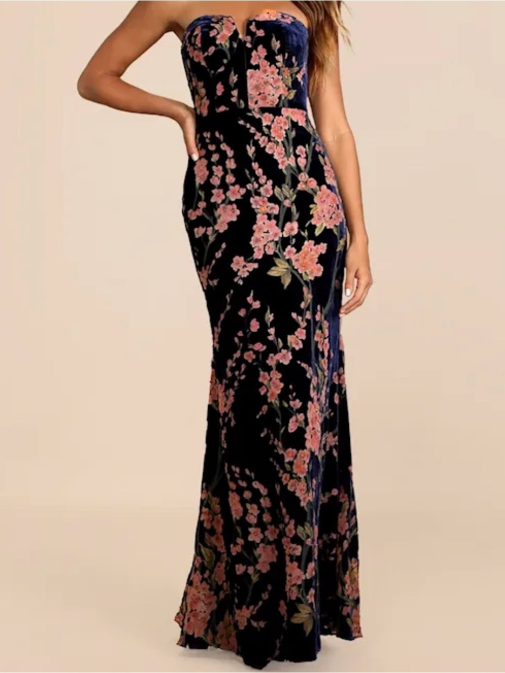 Lulu's Navy Strapless Velvet Gown with Pink Floral Print